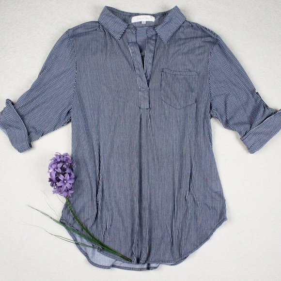 Tops - Eden & Olivia Blue Pinstriped Collar 3/4Sleeve Top